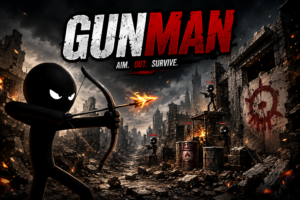 Gunman physics-based stickman shooting game poster with fiery arrow combat in a post-apocalyptic battlefield