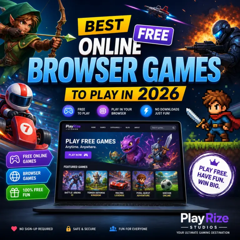 A browser game selection screen for free online games, with colorful thumbnails and a PlayRize Studios header.