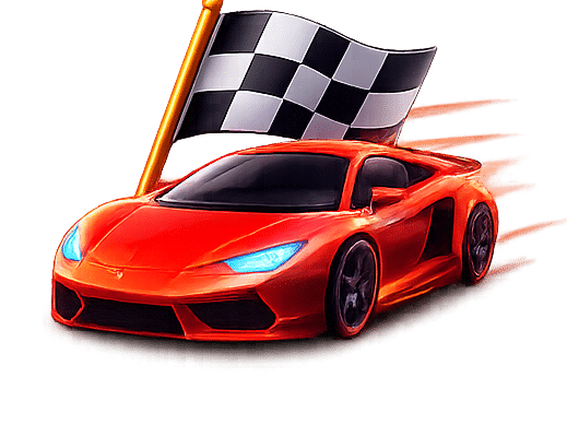 Orange racing car with checkered flag