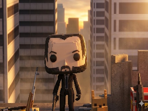 Pixelated character on a rooftop