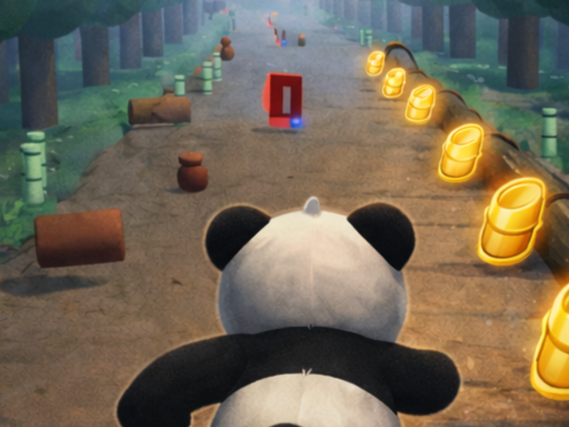 Panda running through a forest path