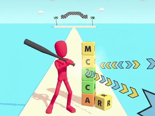 Red figure hitting colorful letter blocks