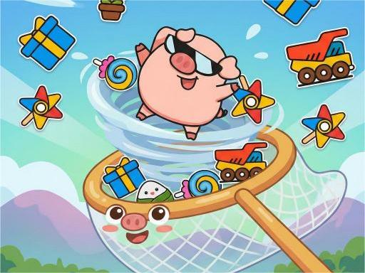 Pig in sunglasses surrounded by toys